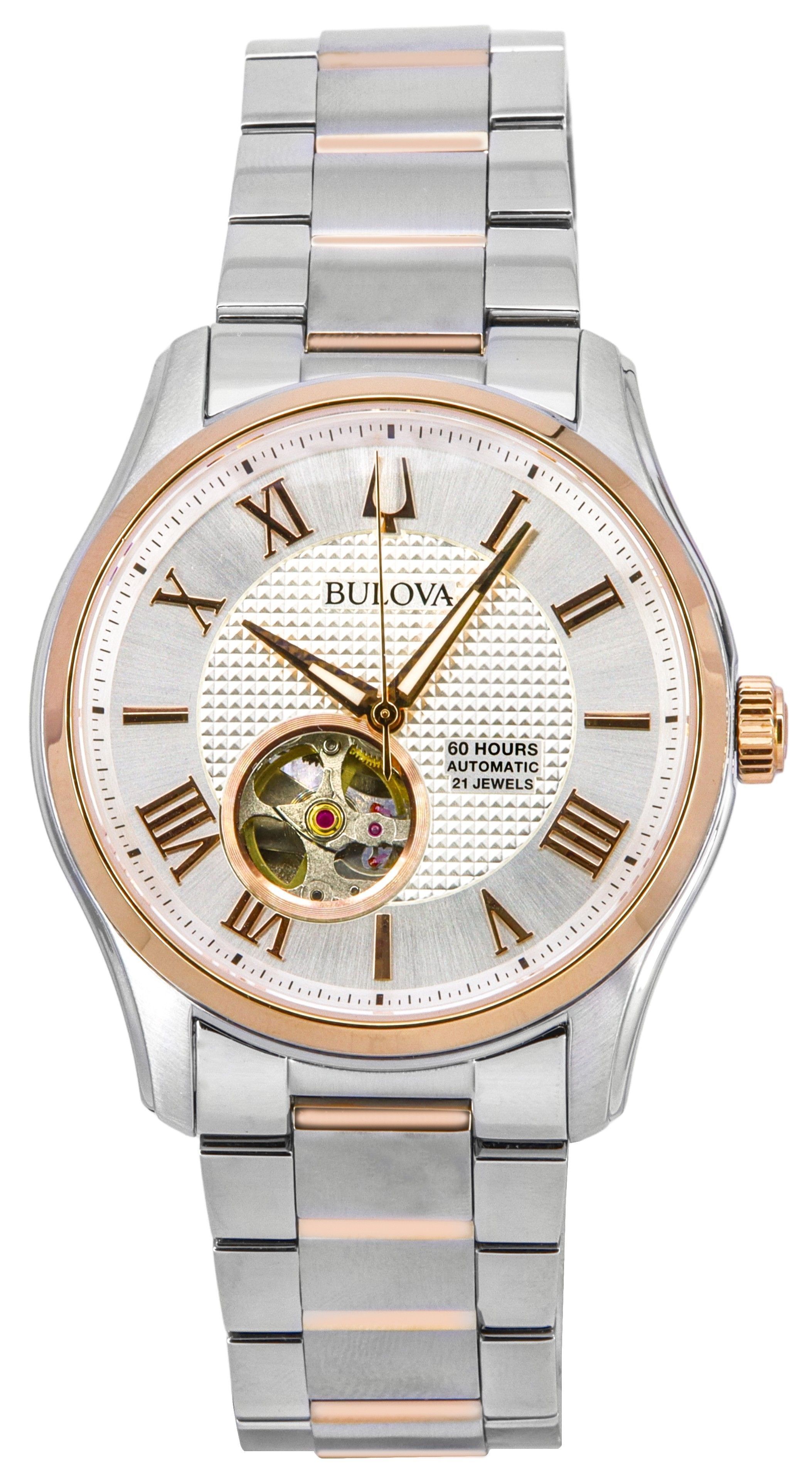 Bulova Wilton Classic Two Tone Stainless Steel Open Heart Silver Dial Automatic 98A213 100M Men's Watch