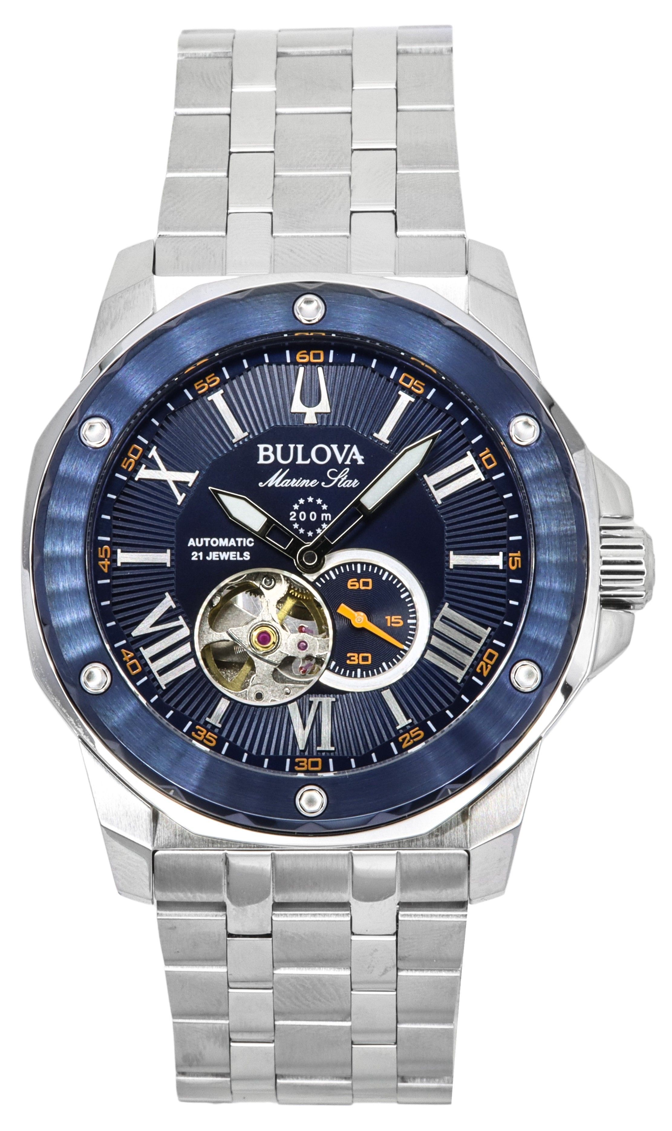 Bulova Marine Star Stainless Steel Open Heart Blue Dial Automatic 21 Jewels 98A302 200M Men's Watch