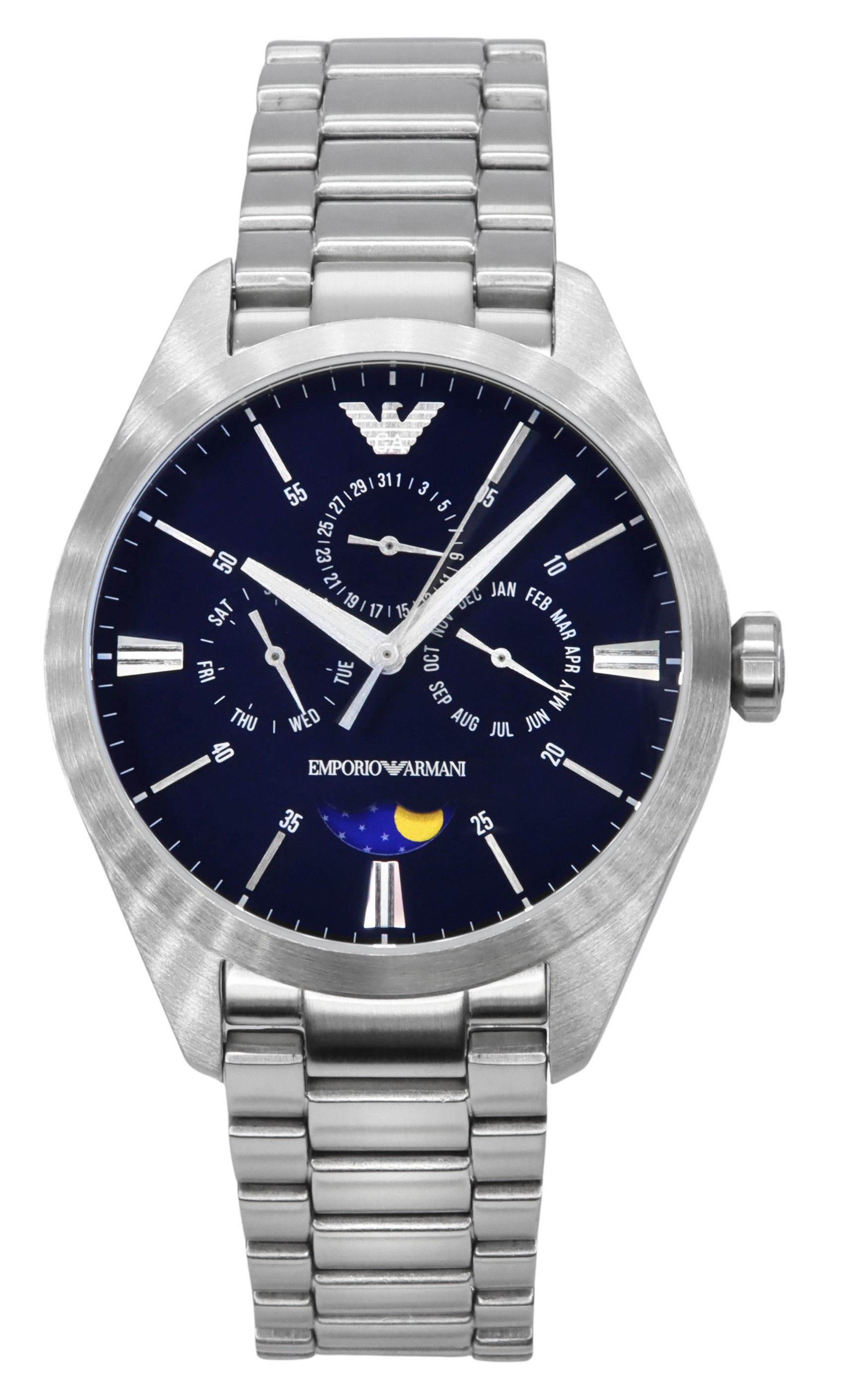 Emporio Armani Moon Phase Stainless Steel Multifunction Blue Dial Quartz AR11553 Men's Watch