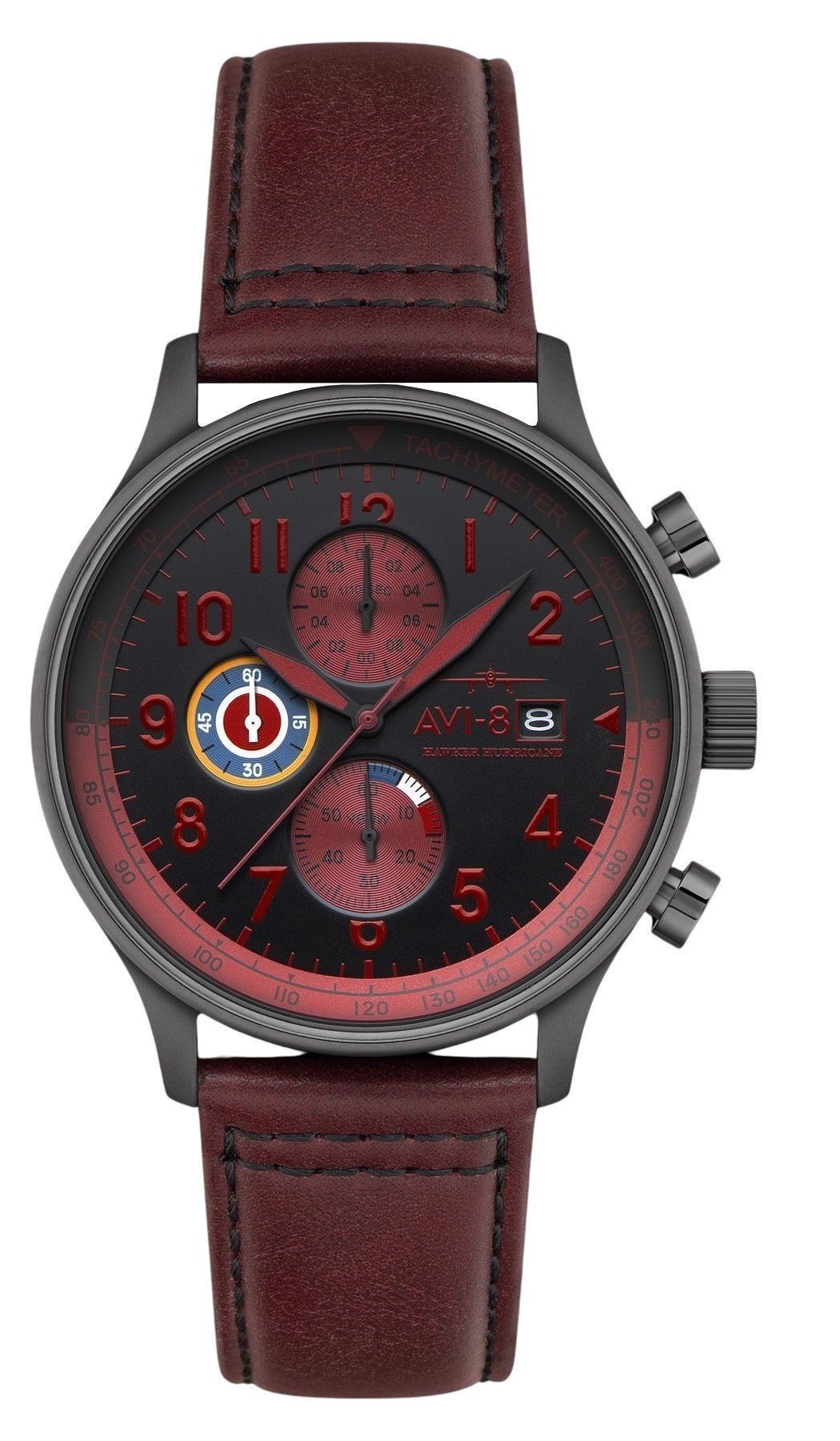 AVI-8 Hawker Hurricane Classic Chronograph Blood Red Leather Strap Black Dial Quartz AV-4011-0S Men's Watch