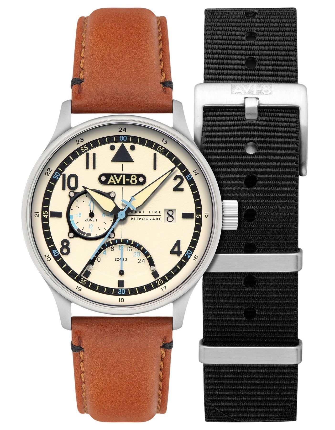 AVI-8 Hawker Hurricane Mckellar Dual Time Brown Beige Leather Strap Cream Dial AV-4101-0C Quartz Men's Watch With Extra Strap