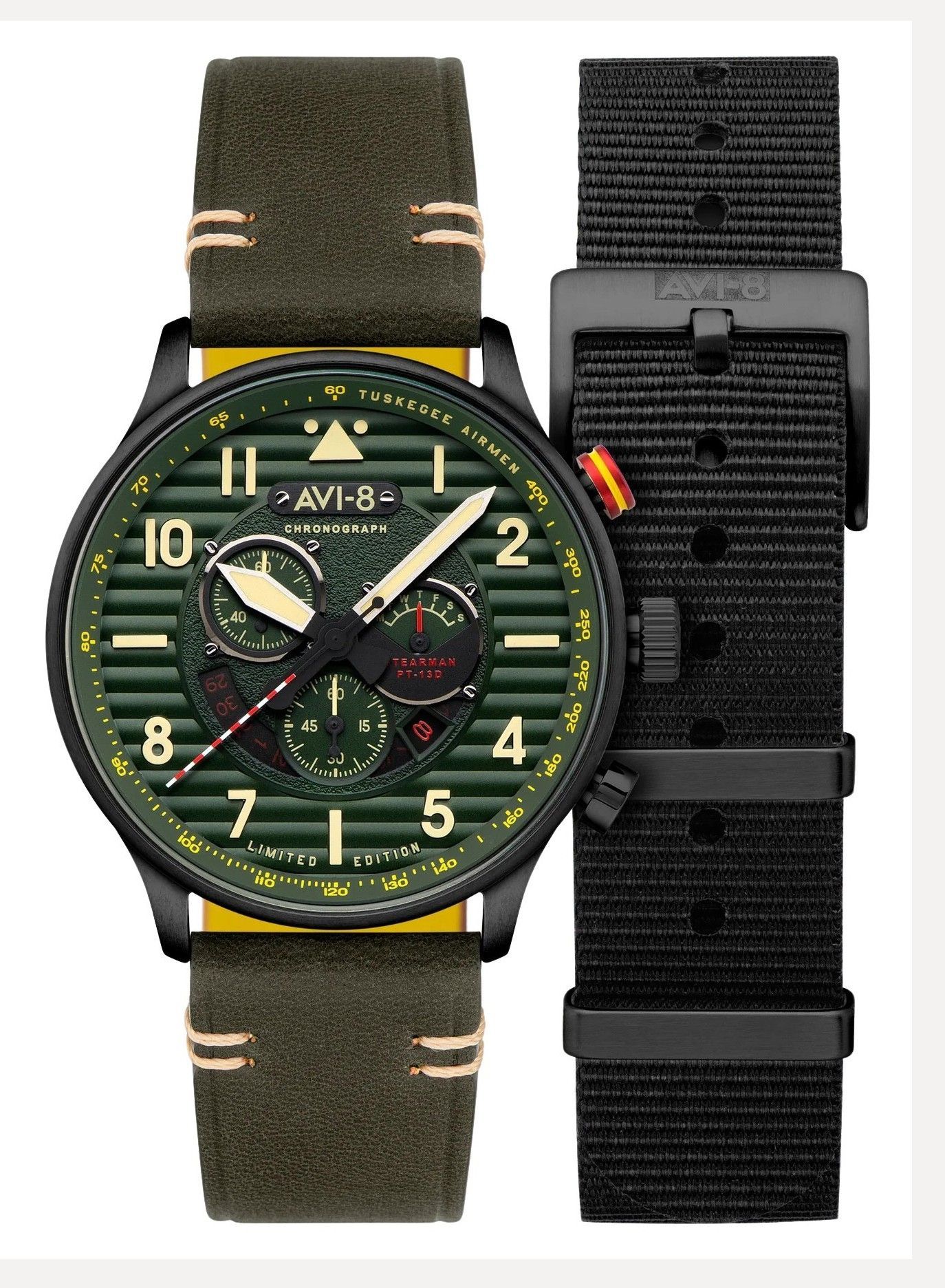 AVI-8 Flyboy Spirit Of Tuskegee Chronograph Limited Edition Roberts Green Dial Quartz AV-4109-04 Men's Watch With Extra Strap