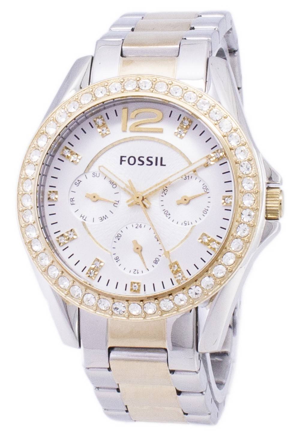 Fossil Riley Multifunction Silver And Gold Tone Crystal Dial ES3204 ...
