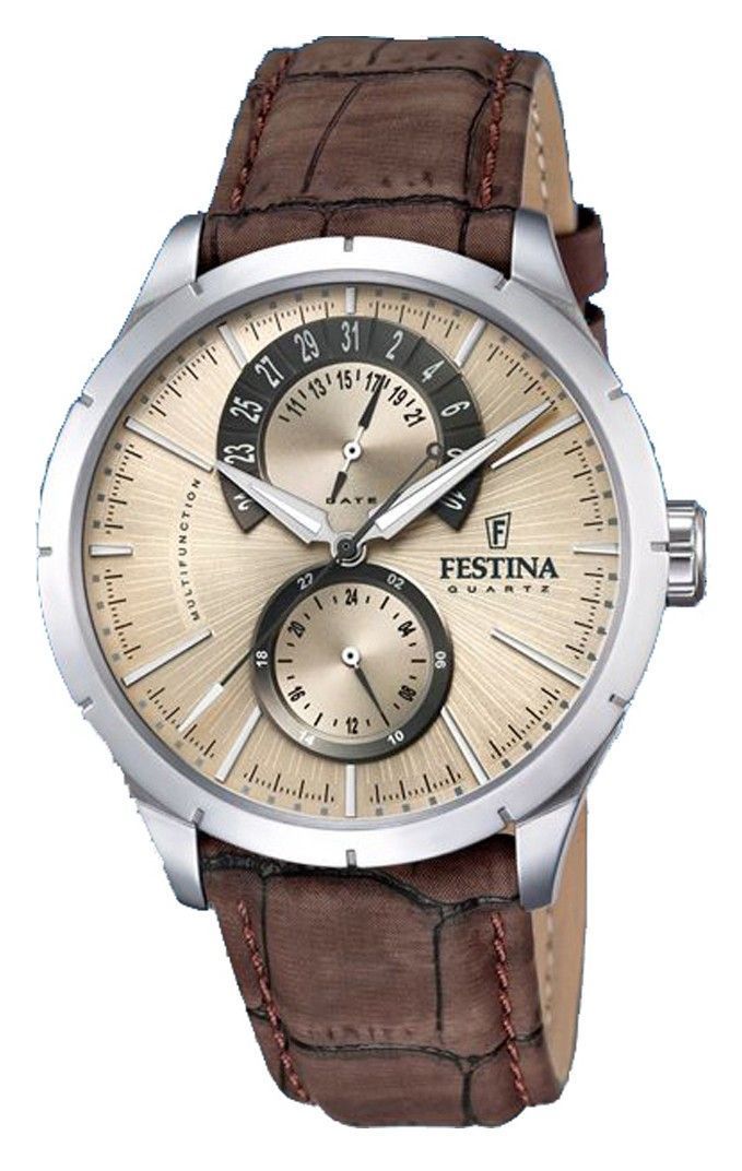Festina Retro Leather Strap Multifunction Beige Dial Quartz F16573-9 Men's Watch