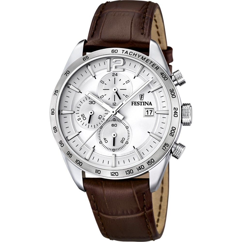Festina Timeless Chronograph Leather Strap Silver Dial Quartz F16760-1 Men's Watch