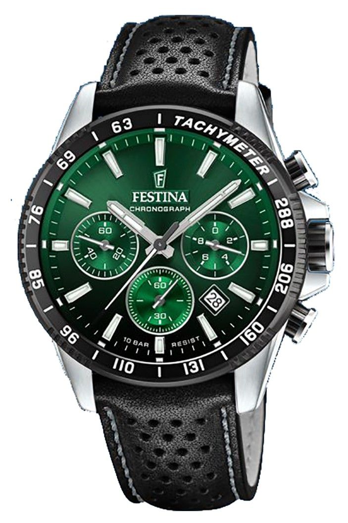 Festina Timeless Chronograph Leather Strap Green Dial Quartz F20561-5 100M Men's Watch