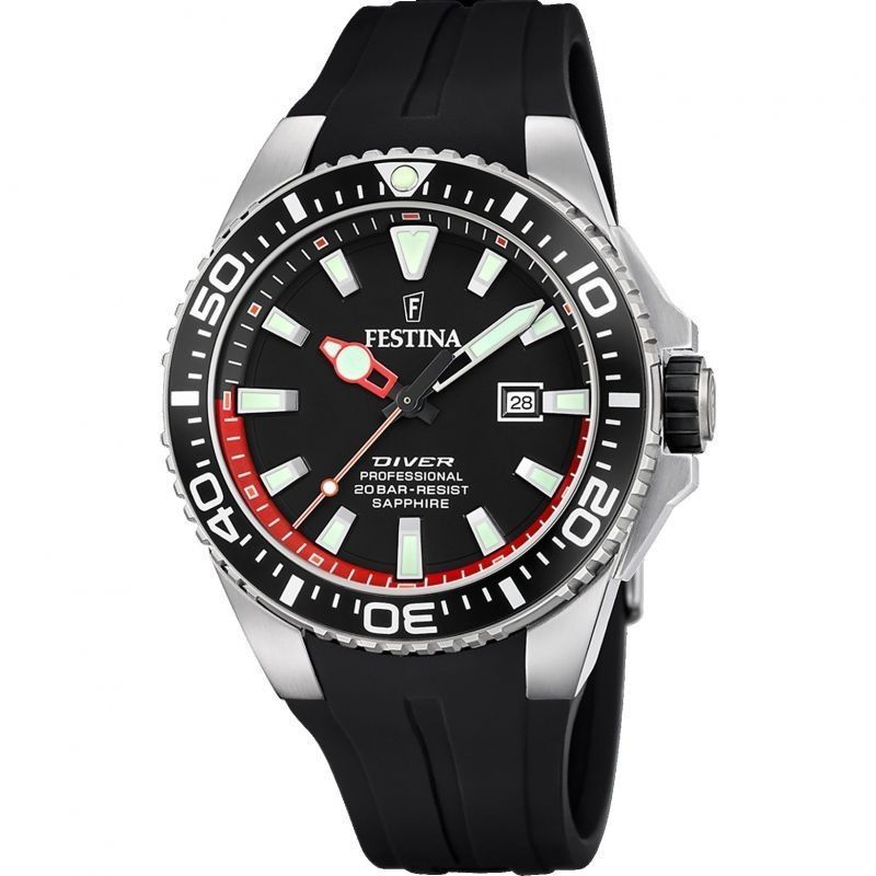 Festina Diver Rubber Strap Black Dial Quartz F20664-3 200M Men's Watch