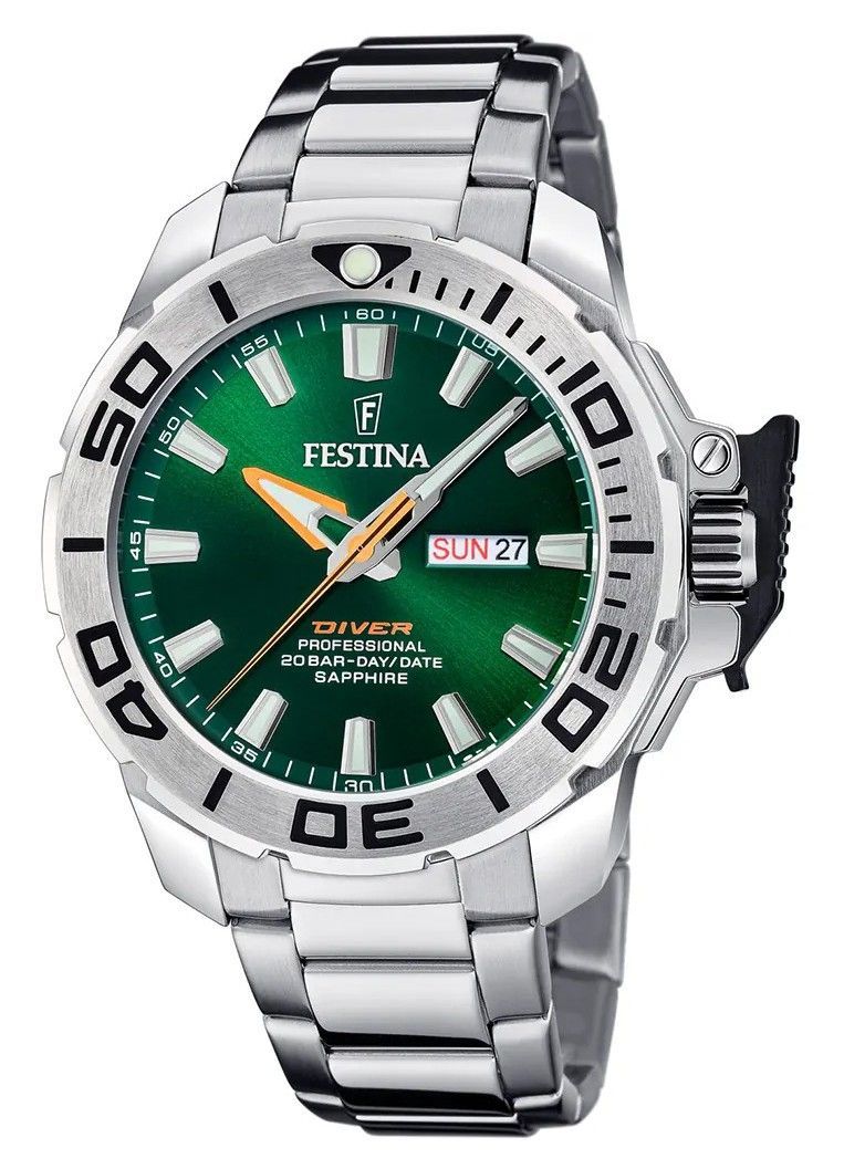 Festina Diver Stainless Steel Green Dial Quartz F20665-2 200M Men's Watch With Extra Strap