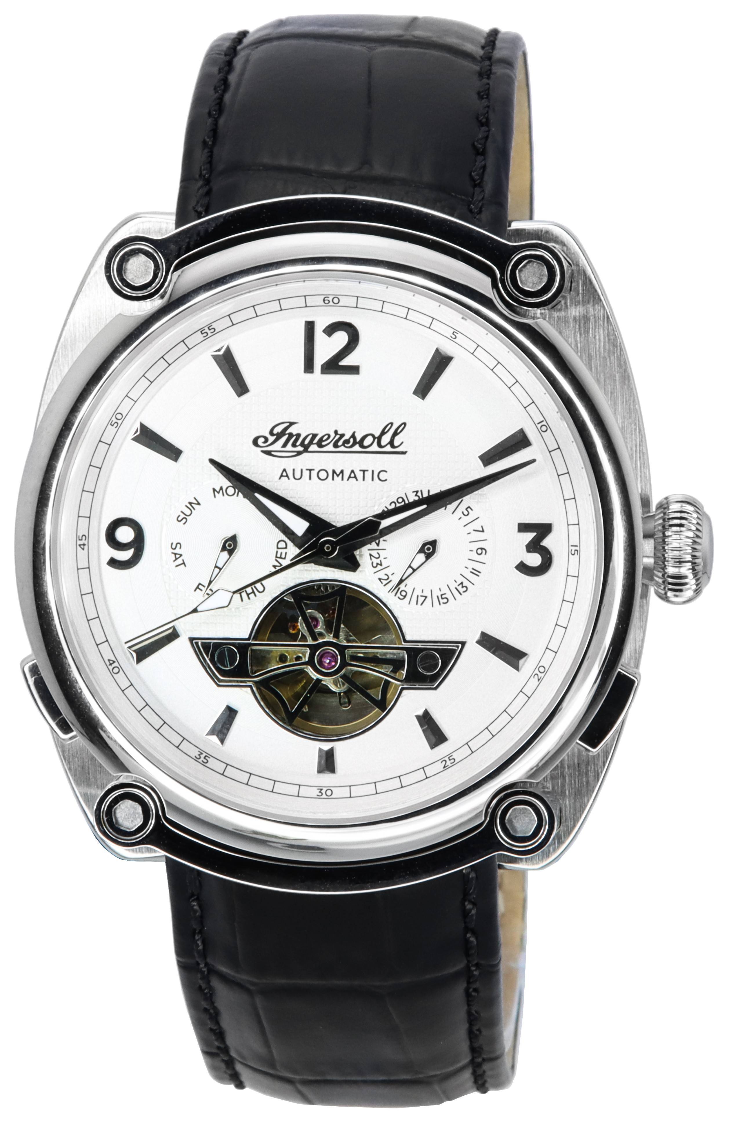 Ingersoll The Michigan Leather Strap Silver Open Heart Dial Automatic I01105 Men's Watch