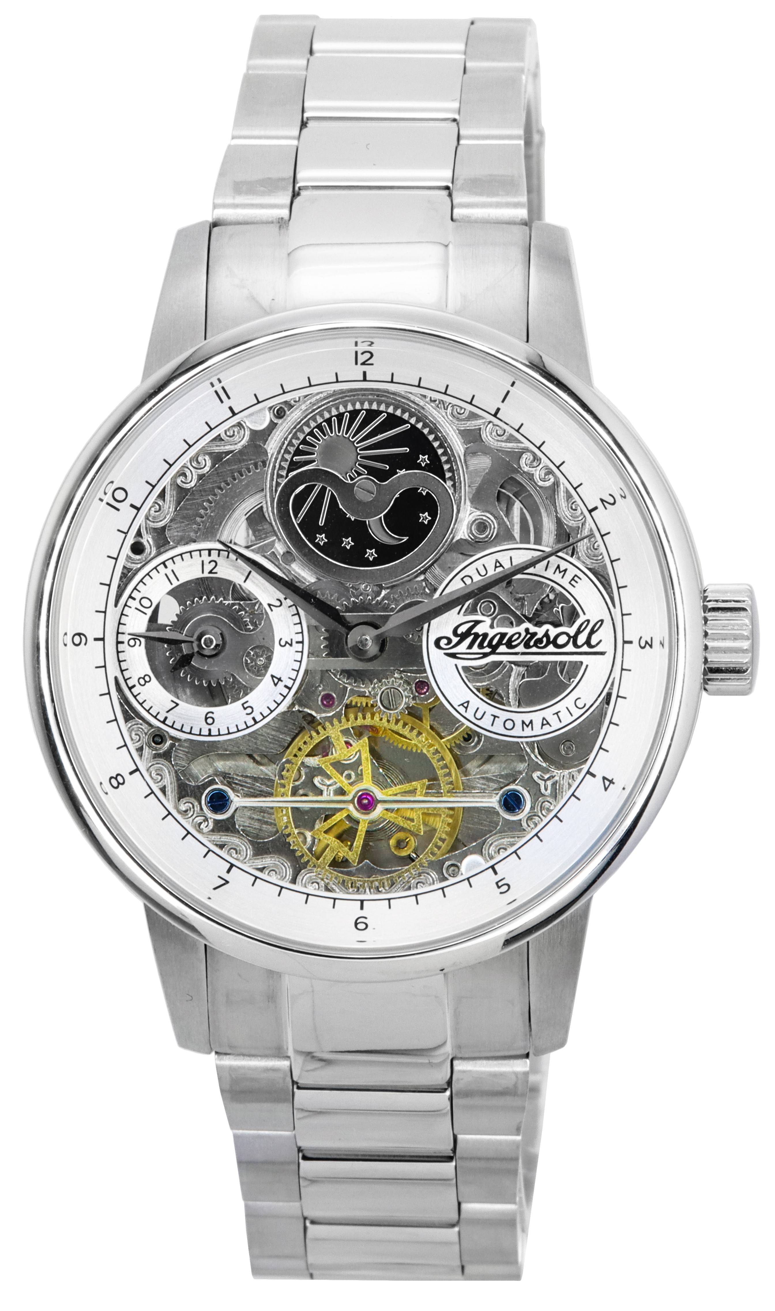 Ingersoll The Jazz Sun And Moon Phase Stainless Steel Skeleton Silver Dial Automatic I07703 Men's Watch