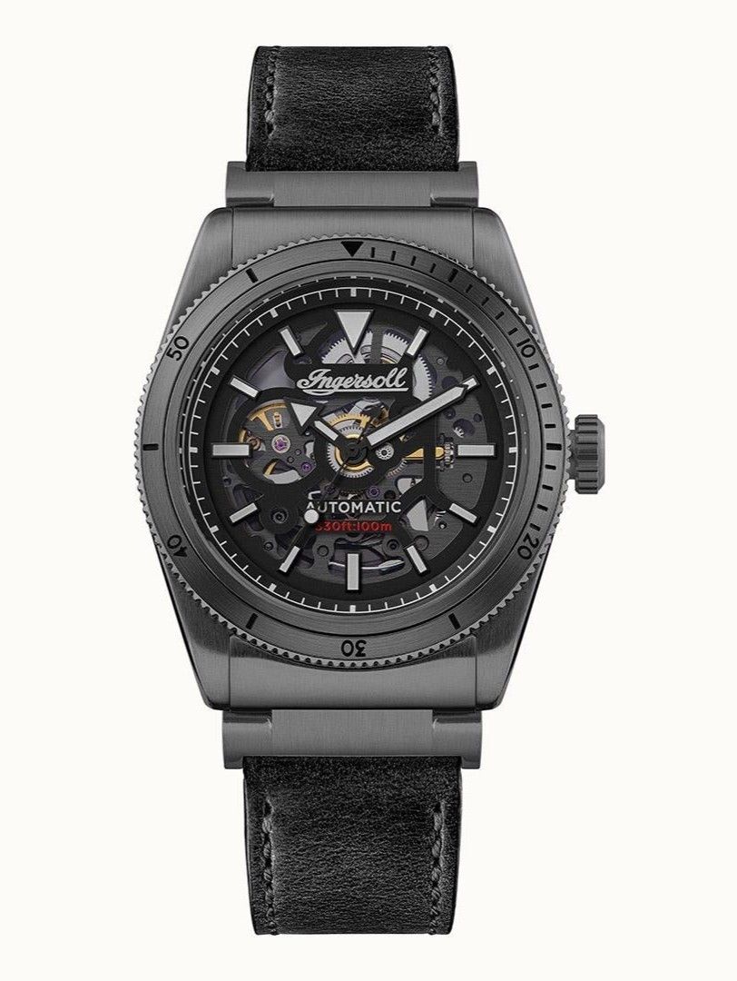 Ingersoll The Scovill Black Leather Strap Black Skeleton Dial Automatic I13902 100M Men's Watch