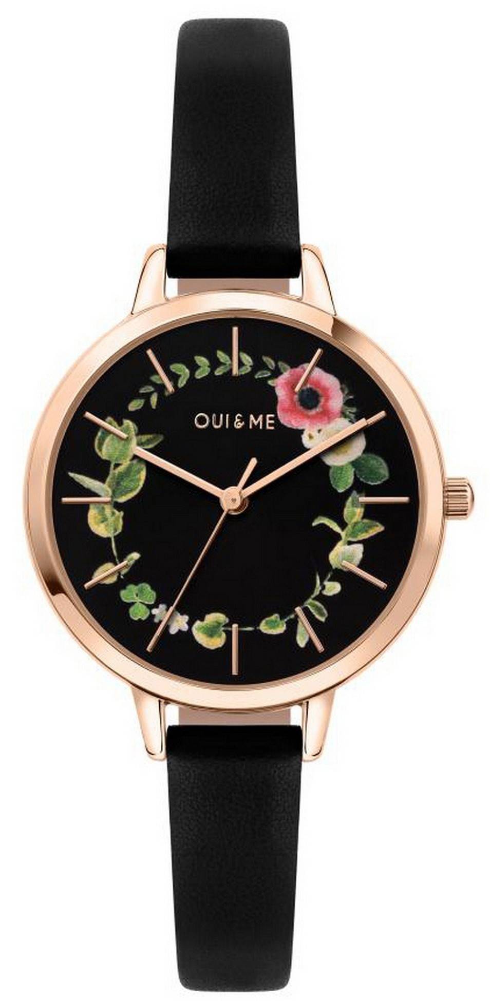 Oui & Me Petite Fleurette Black Dial Leather Strap Quartz ME010007 Women's Watch