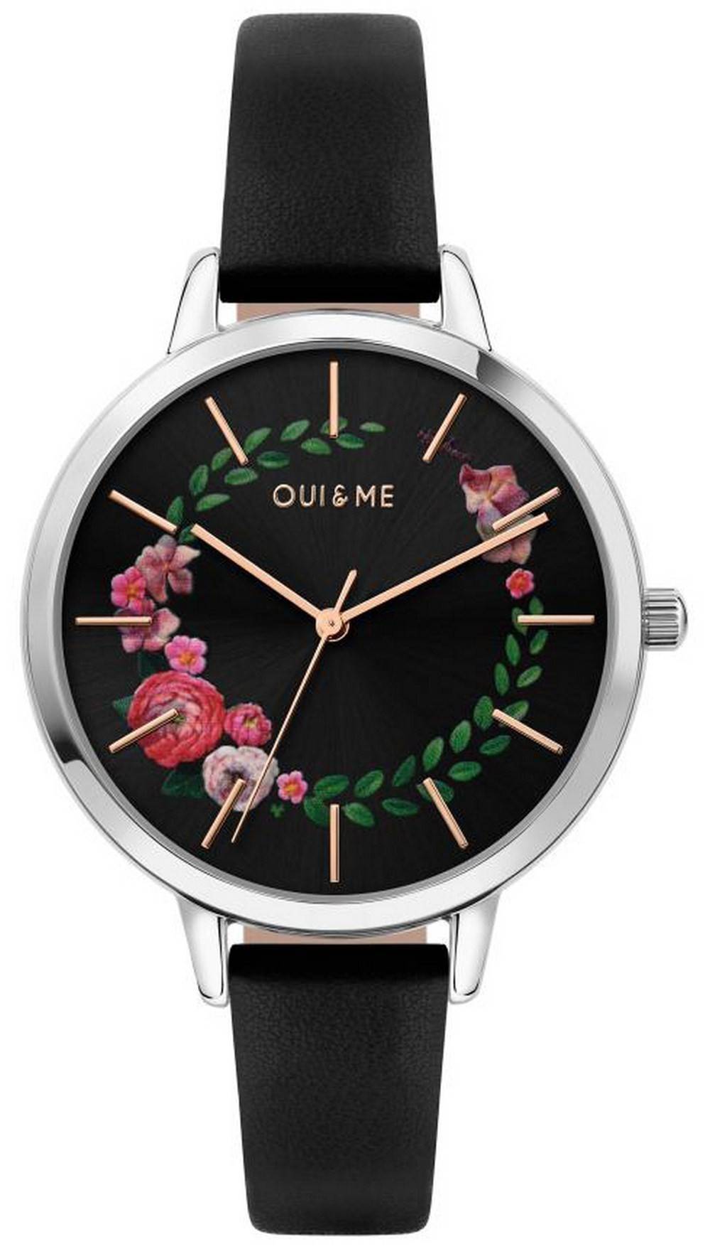 Oui & Me Grande Fleurette Black Dial Leather Strap Quartz ME010033 Women's Watch