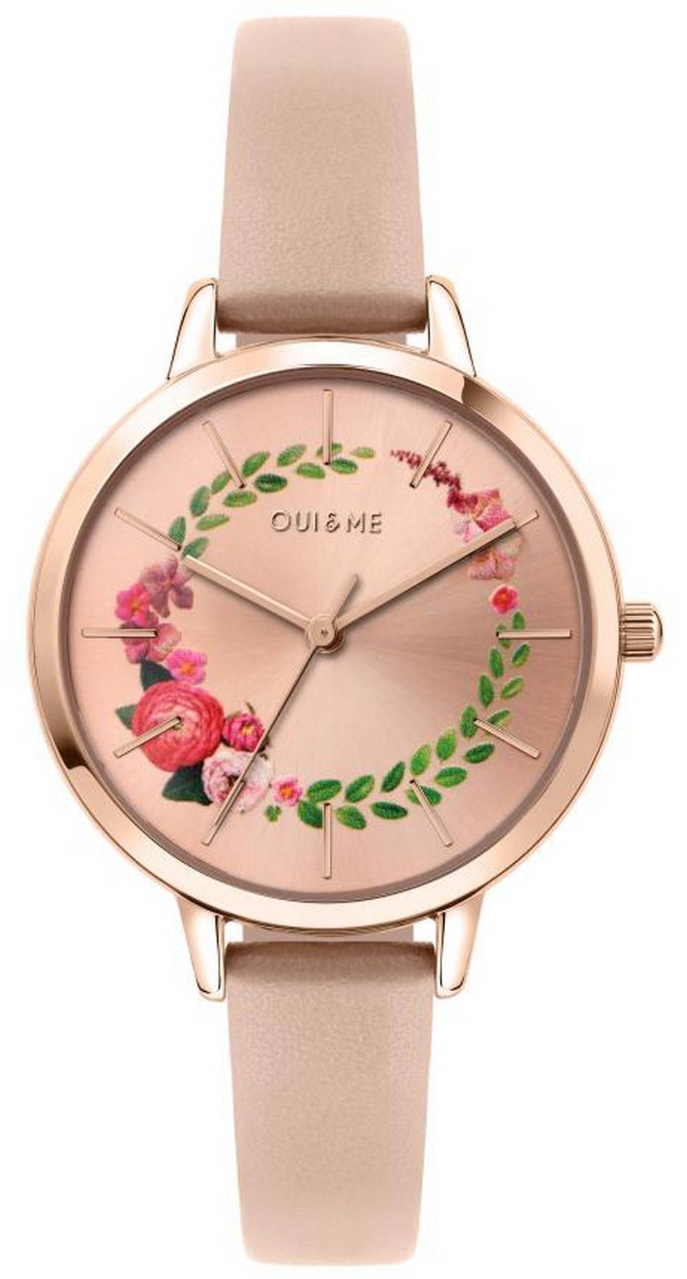 Oui & Me Fleurette Rose Gold Sunray Dial Leather Strap Quartz ME010038 Women's Watch