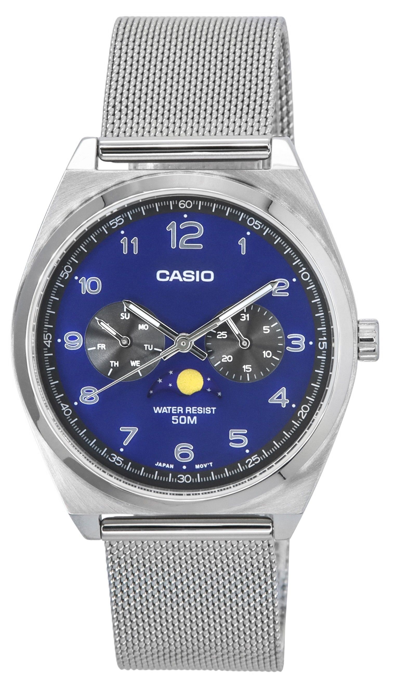 Casio Standard Analog Stainless Steel Mesh Bracelet Moon Phase Blue ...