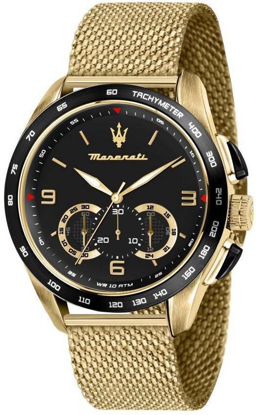 Maserati Traguardo Chronograph Gold Tone Stainless Steel Black Dial Quartz R8873612010 100M Men's Watch
