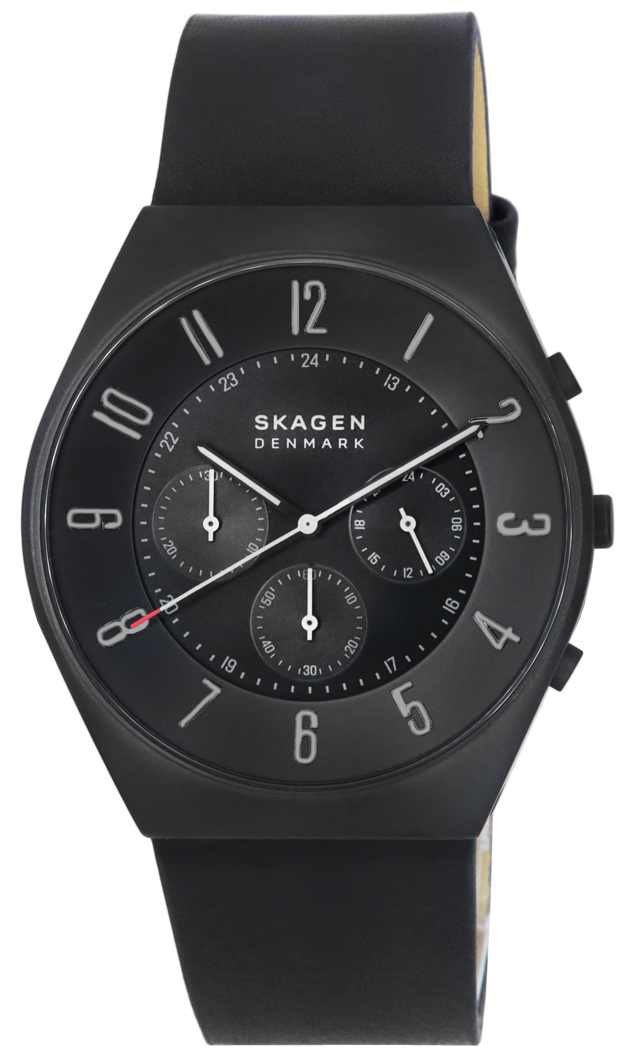 Skagen Grenen Chronograph Midnight Leather Strap Black Dial Quartz SKW6843 Men's Watch