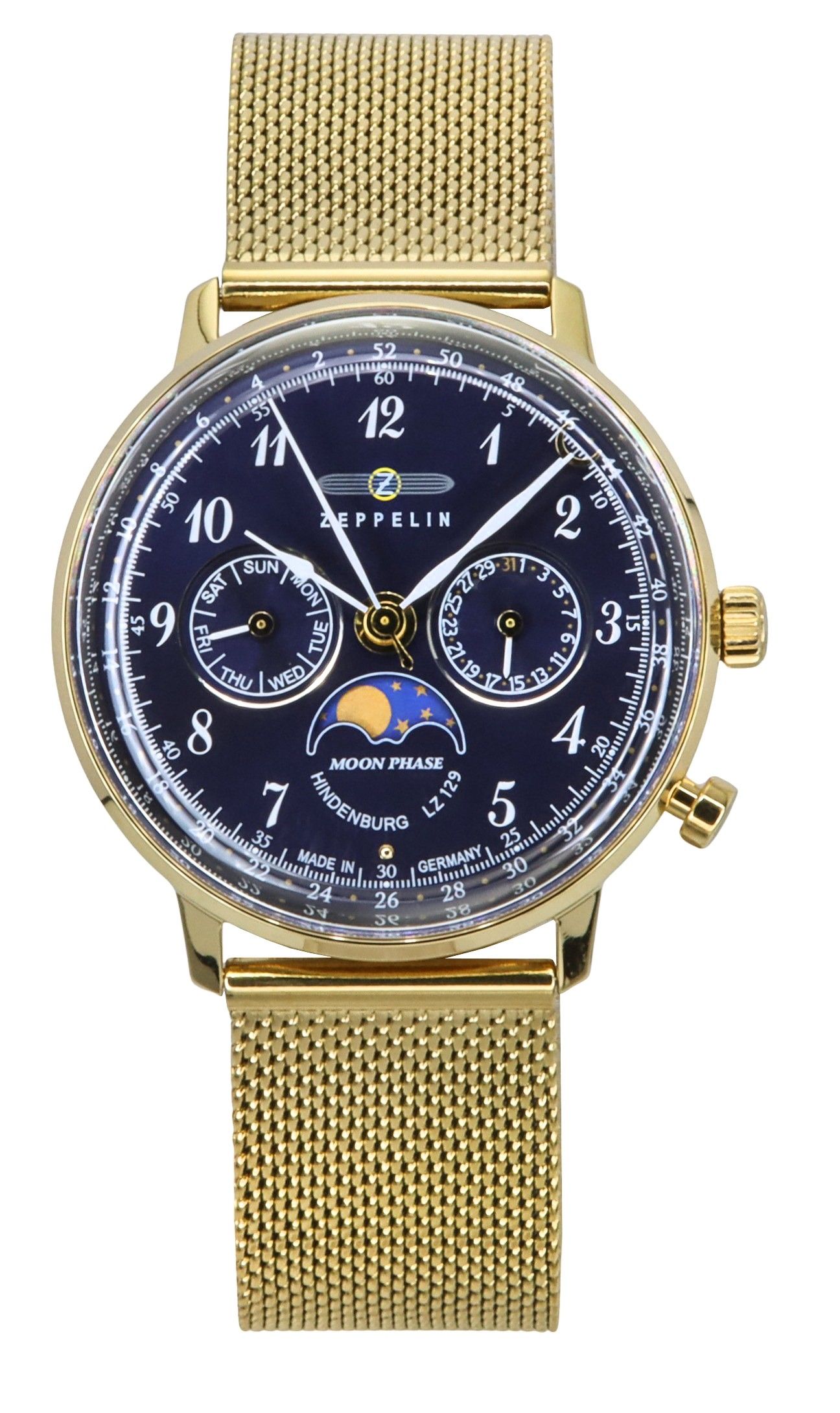 Zeppelin LZ 129 Hindenburg Moon Phase Gold Tone Stainless Steel Blue Dial Quartz 7039M2 Men's Watch