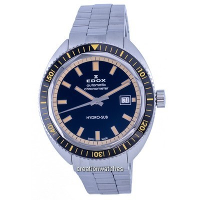 Relógio masculino de aço inoxidável Edox Hydro-Sub Diver's mostrador preto automático 801283NBMNIB 300M