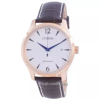 Relógio masculino Citizen prata com mostrador de panturrilha pulseira de couro mecânico NJ0113-10A