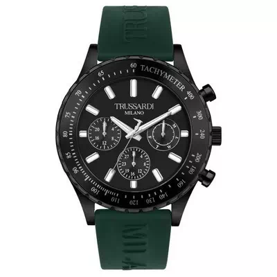 Relógio masculino Trussardi T-Logo Tacímetro com mostrador preto e pulseira de silicone de quartzo R2451148002
