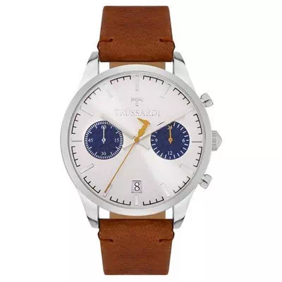 Relógio masculino Trussardi T-Genus cronógrafo com mostrador prateado pulseira de couro quartzo R2471613004