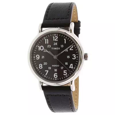 timex weekender black leather strap