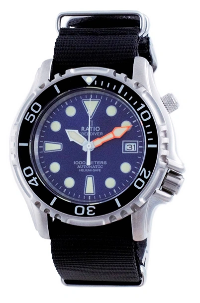 Ratio Free Diver Helium Safe Nylon Relógio masculino 1066KE20-33VA-BLU-var-NATO4 1000M do mergulhador automático