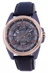 Bulova Classic Skeleton Silver Dial Leather Strap Automatic 98A165 100M Men\'s Watch