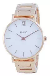 Relógio feminino Cluse Minuit de 3 links com mostrador branco rosa tom ouro quartzo CW0101203027