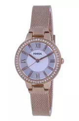 Fossil Virginia Crystal Acentos Mostrador Branco Ouro Rosa Aço Inoxidável Quartzo ES5111 Relógio Feminino