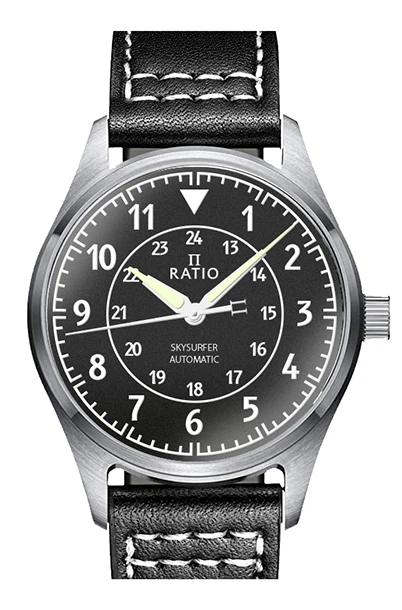 Ratio Skysurfer Pilot Black Textured Dial Leather Automatic RTS310 200M Men's Watch