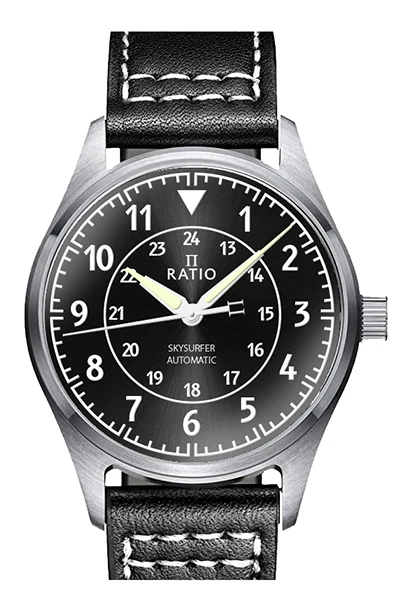 Ratio Skysurfer Pilot Black Sunray Dial Leather Automatic RTS314 200M Men\'s Watch