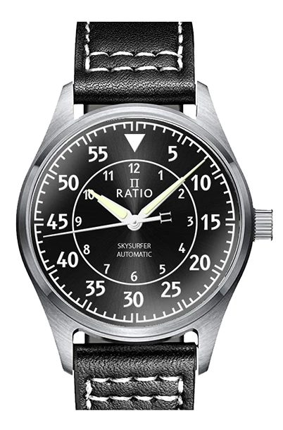 Ratio Skysurfer Pilot Black Sunray Dial Leather Automatic RTS321 200M Men\'s Watch